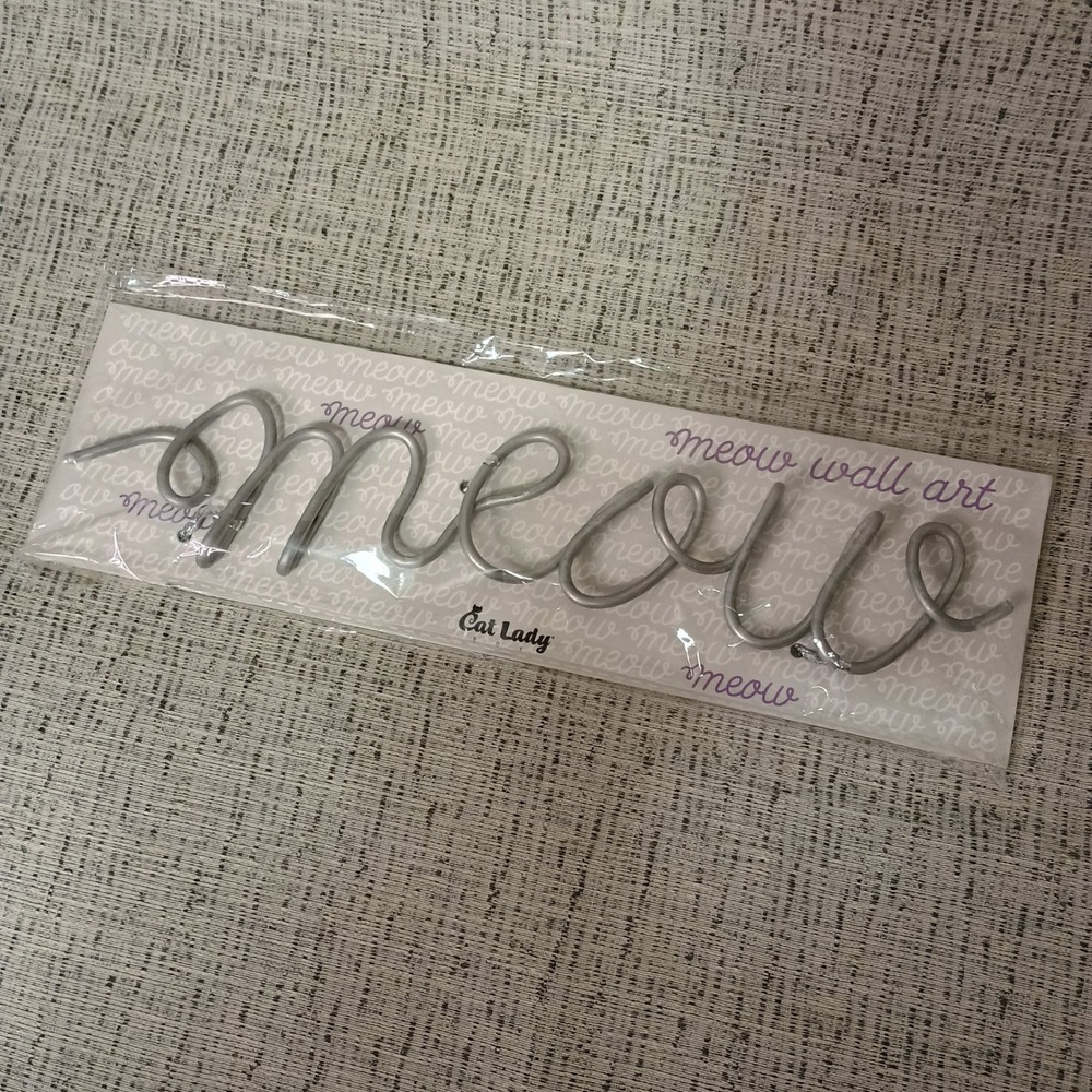 Meow Metal Wall Art Sign Silver Script Hanging Decor Cat Lover